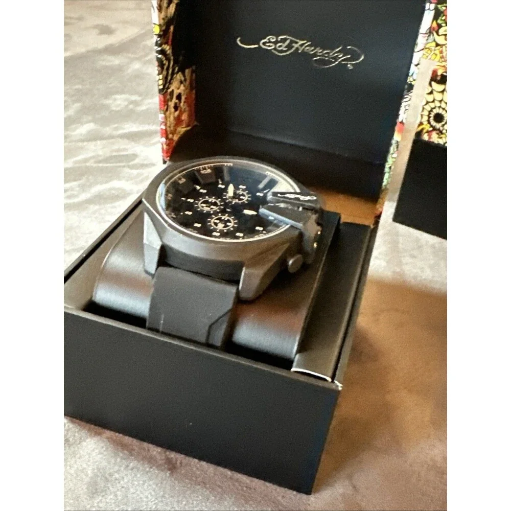 Ed Hardy New In Box Watch Black Matte Silicone Strap Sunray Dial